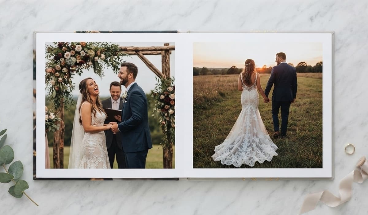 An open wedding photobook showing photos from the day